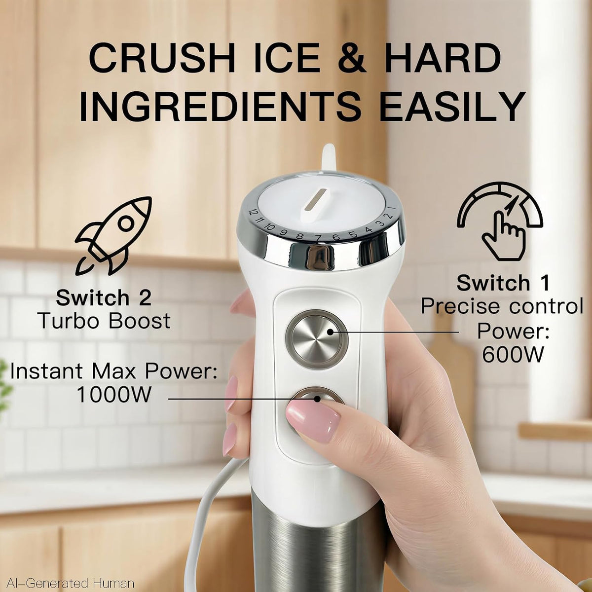 MEGAWISE 1000W Immersion 5-in-1 Hand Blender Stick with Variable Speed Turbo, Stainless Steel Kitchen Appliance for Soup Smoothie, Includes Whisk Milk Frother Chopper Beaker White