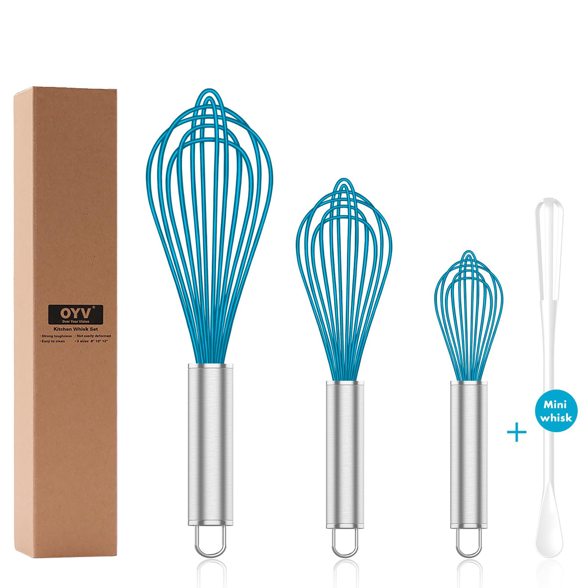 OYV Pink Silicone Whisk Set of 3, 8/10/12 Inch, Non-Scratch