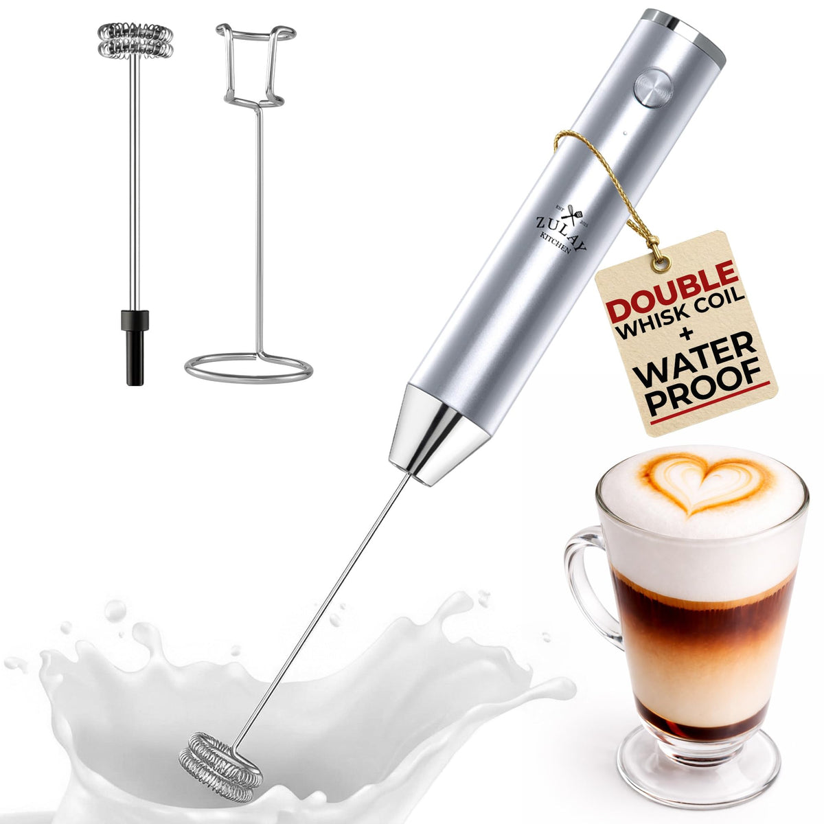 Zulay Kitchen Rechargeable Milk Frother Handheld - Frother Wand, Drink Mixer, Electric Whisk Frother, for Cappuccinos, Matcha & Protein Powder - Lux 4 Whisk 2 Speed Waterproof 2000mAh Alpha Black