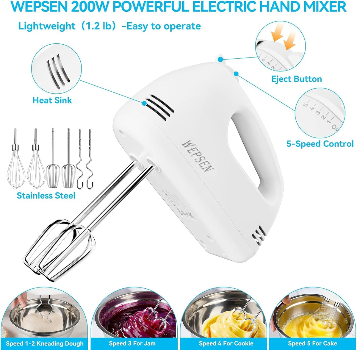 WEPSEN Hand Mixer Electric Mixing Bowls Set, 5 Speeds Handheld Mixer with 4 Nesting Stainless Steel Mixing Bowl, Measuring Cups Spoons 200W Kitchen Blender Whisk Beater Baking Supplies For Beginner