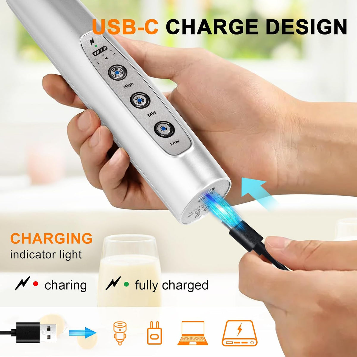 YUSWKO Handheld Milk Frother Wand for Coffee, Rechargeable Electric Whisk