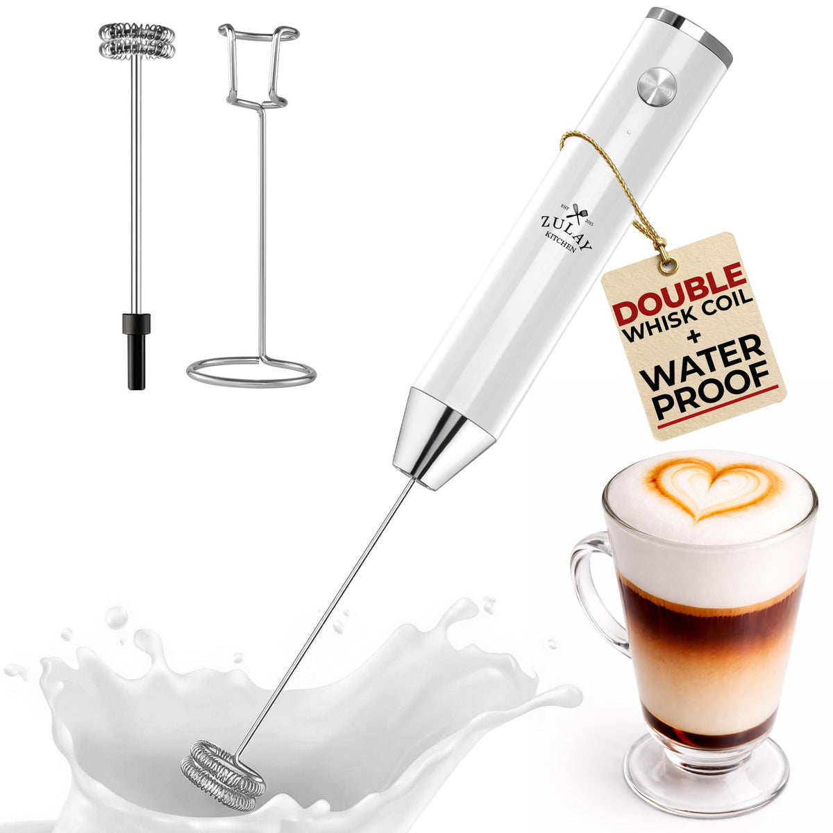 Zulay Kitchen Rechargeable Milk Frother Handheld - Frother Wand, Drink Mixer, Electric Whisk Frother, for Cappuccinos, Matcha & Protein Powder - Lux 4 Whisk 2 Speed Waterproof 2000mAh Alpha Black