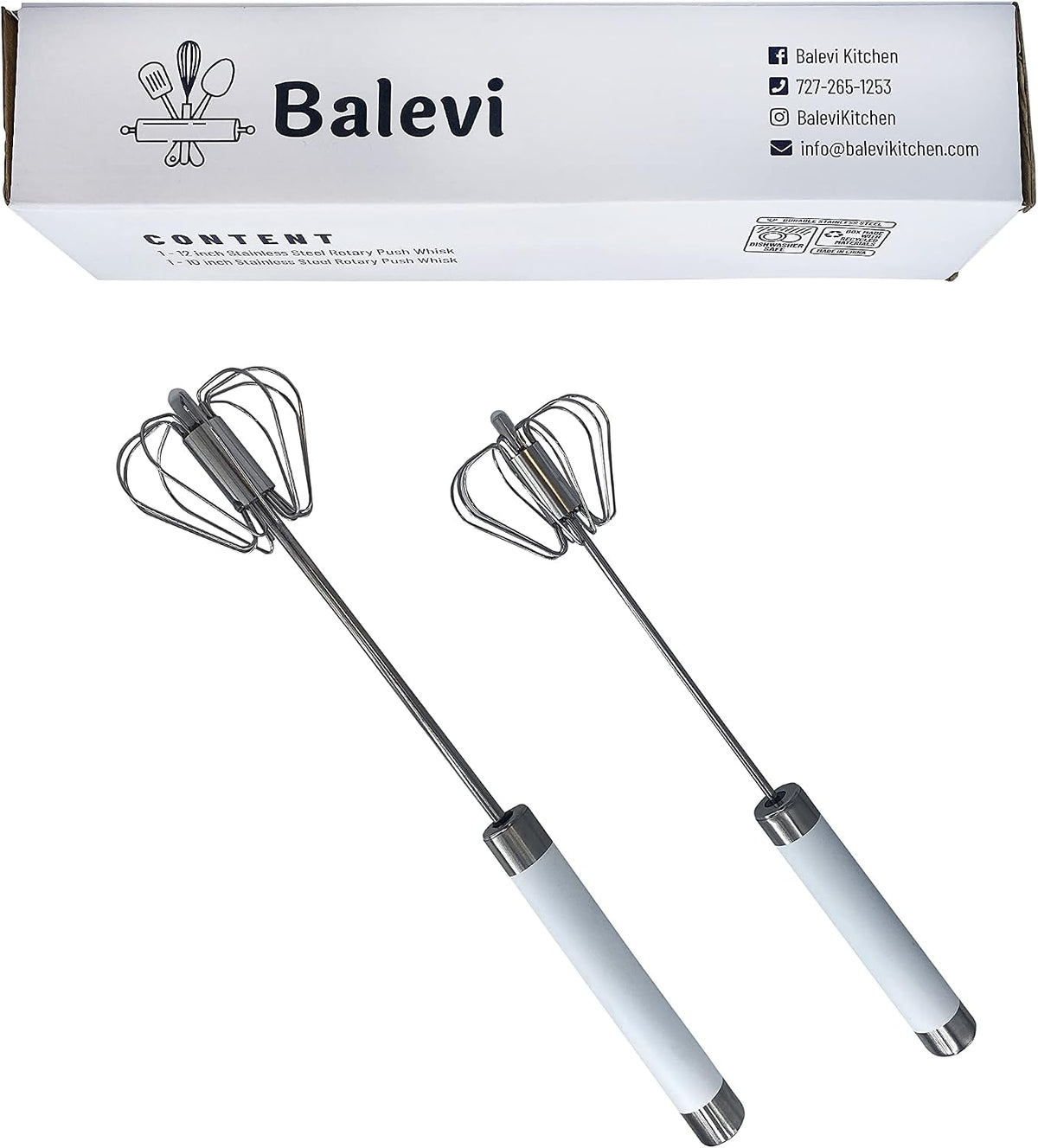 Stainless Steel Push Whisk - Easy to Use Manual Hand Mixer & Plunger Whisk - Make Froth, Foam & Whipped Cream - Semi Auto Egg Beater Plastic Tip Won’t Scratch Pans (2 Pack 10in & 12in) WHITE