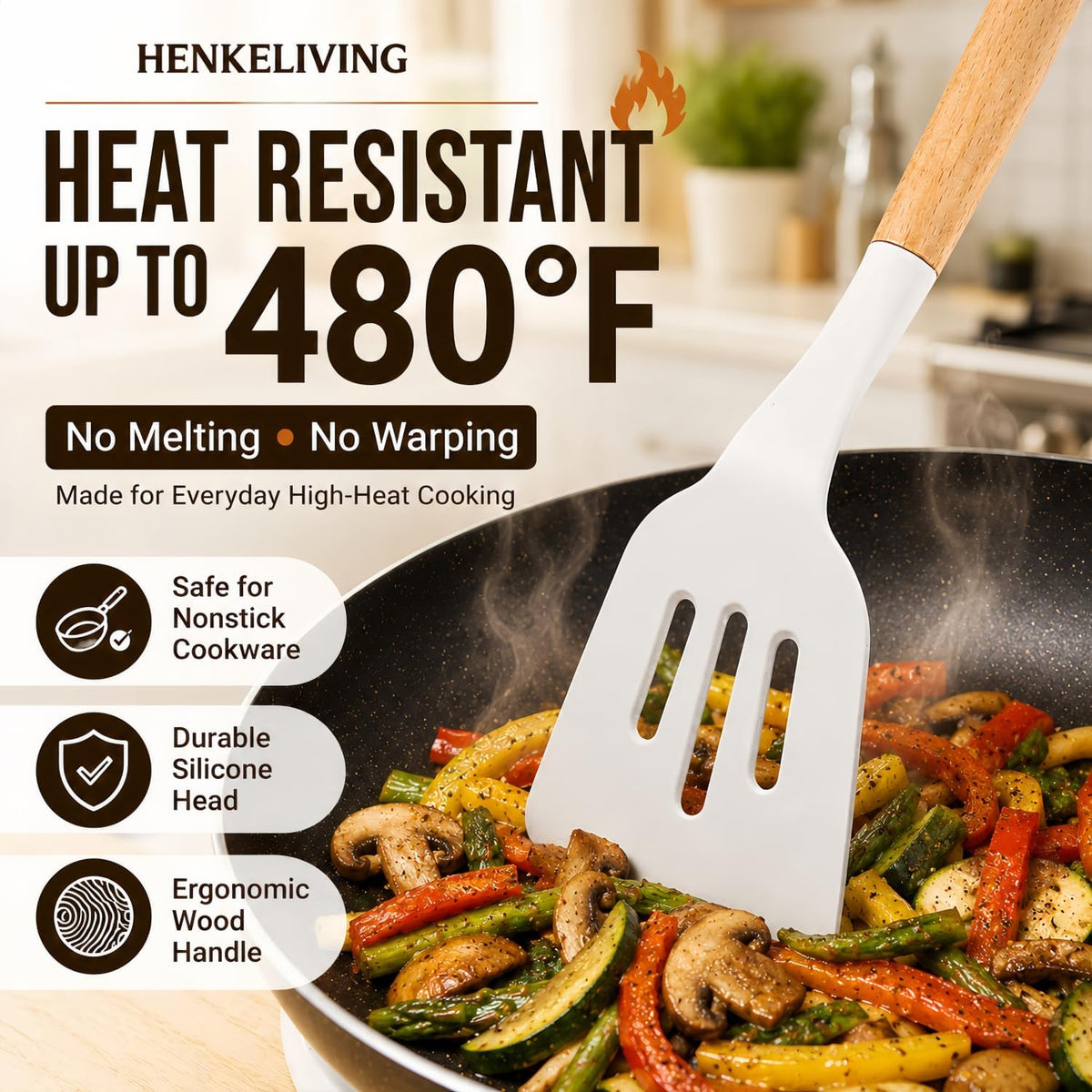Silicone 10 Pcs Kitchen Cooking Utensils Set, Recycled Materials Certification, BPA Free Spatula Set with Heat Resistant Wood Handles for Nonstick Cookware, Cream White