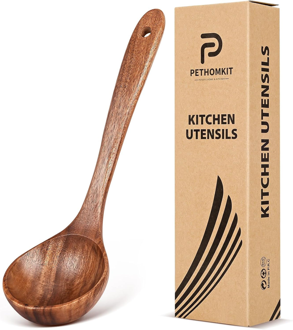 Wooden Soup Ladle Spoons for Cooking Serving, Teak Wood, 10.6"
