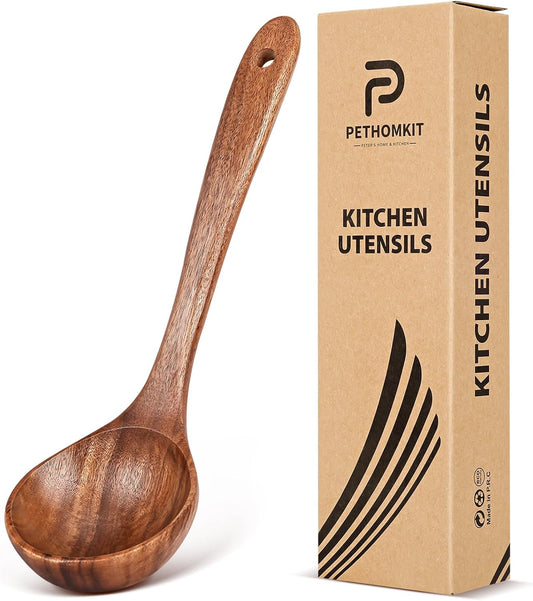 Wooden Soup Ladle Spoons for Cooking Serving, Teak Wood, 10.6"