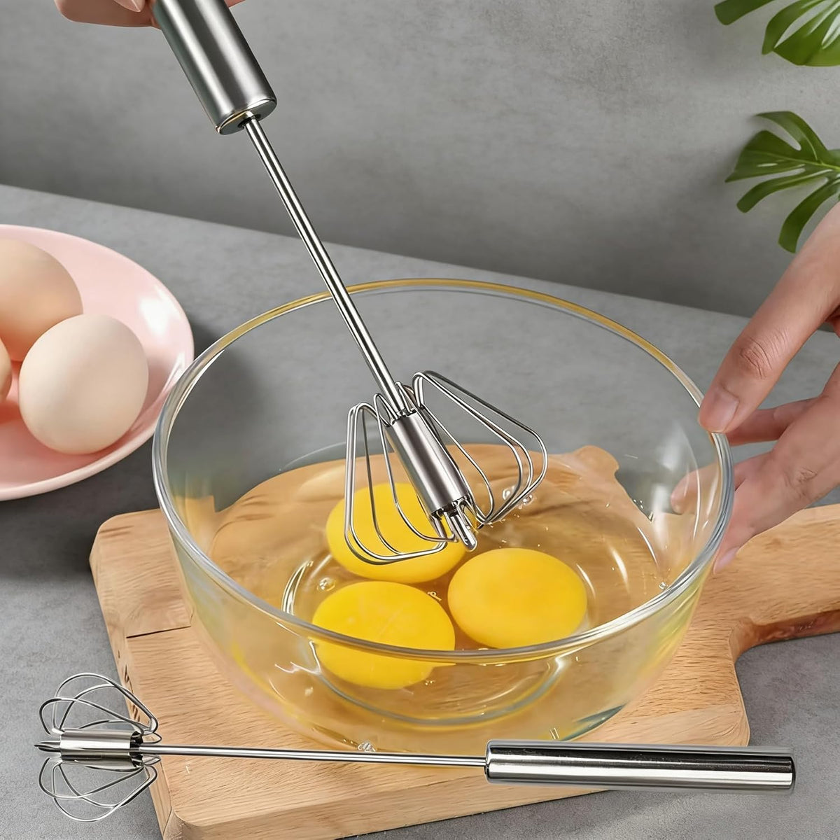 3 Pack Stainless Steel Egg Whisk, Semi-Automatic Push-Down Hand Push Mixer Stirrer Ideal For Blending, Baking tool, Beating Eggs, Butter & Milk