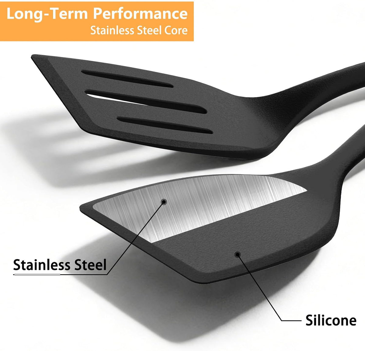 Silicone Spatula Turner Set, 600°F High Heat Resistant Spatulas for Cooking, BPA Free, Large Flexible Kitchen Utensils Flipping Eggs, Pancakes, Fish, Burgers, Dishwasher Safe (Black)