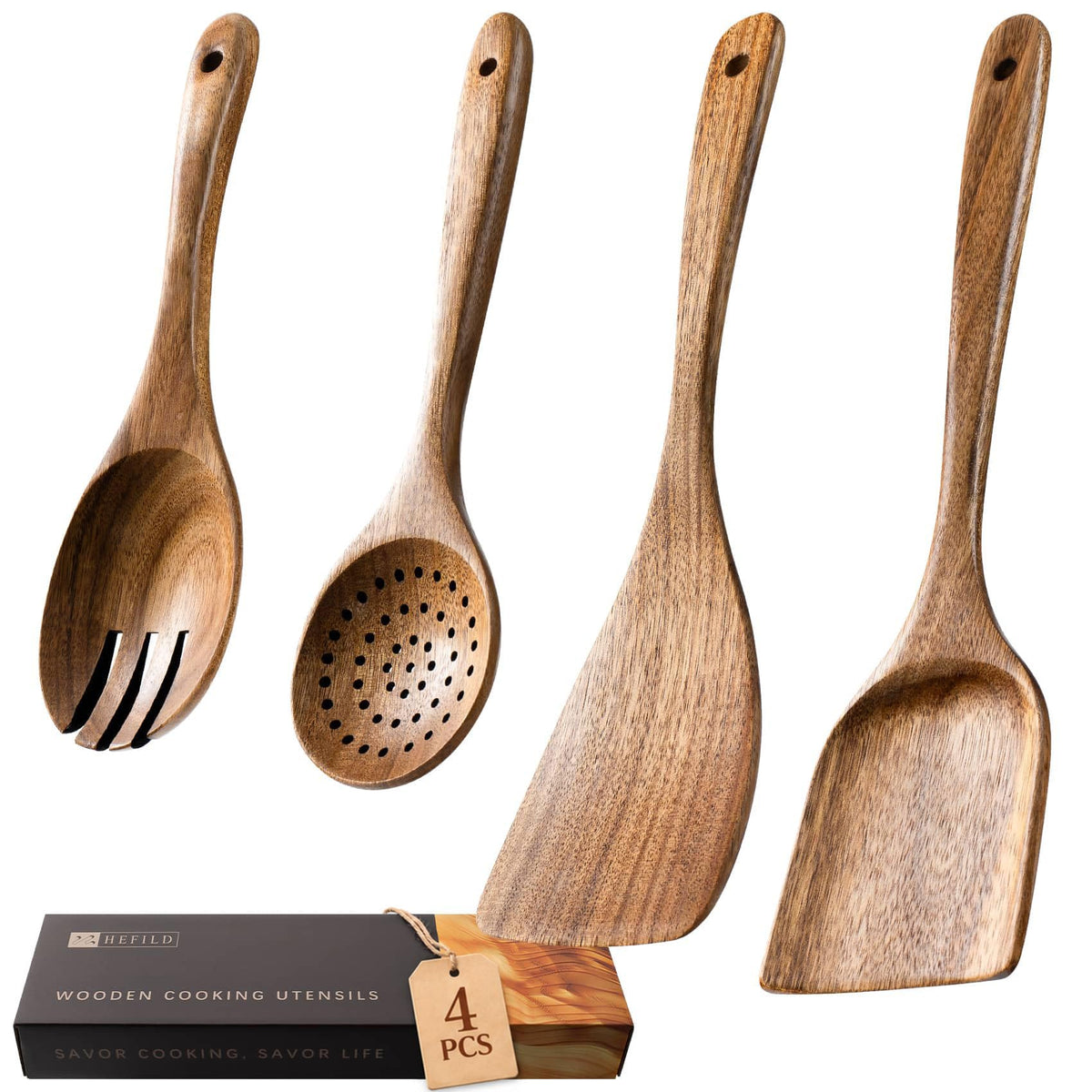 Wooden Spoons for Cooking, 10-Piece Acacia Wood Cooking Utensil Set