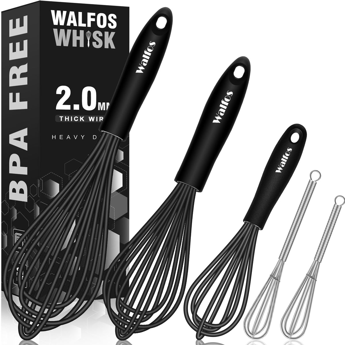 Walfos Silicone Whisk,Stainless Steel Wire Whisk Set of 3 -Heat Resistant 480°F Kitchen Whisks for Non-stick Cookware,Balloon Egg Beater Perfect for Blending,Whisking,Beating,Frothing & Stirring,Black