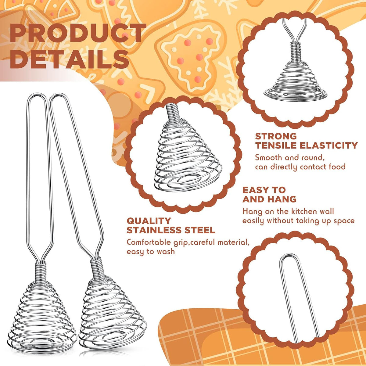 Chengu 4 Pcs Stainless Steel Spring Whisk, 8.46 Inch Hand Push Beater