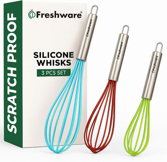 Freshware Silicone Whisk, Silicone Cooking Utensil Set, Silicone Whisks for Cooking, Non-Scratch Hand Whisks for Kitchen Essentials, Set of 3