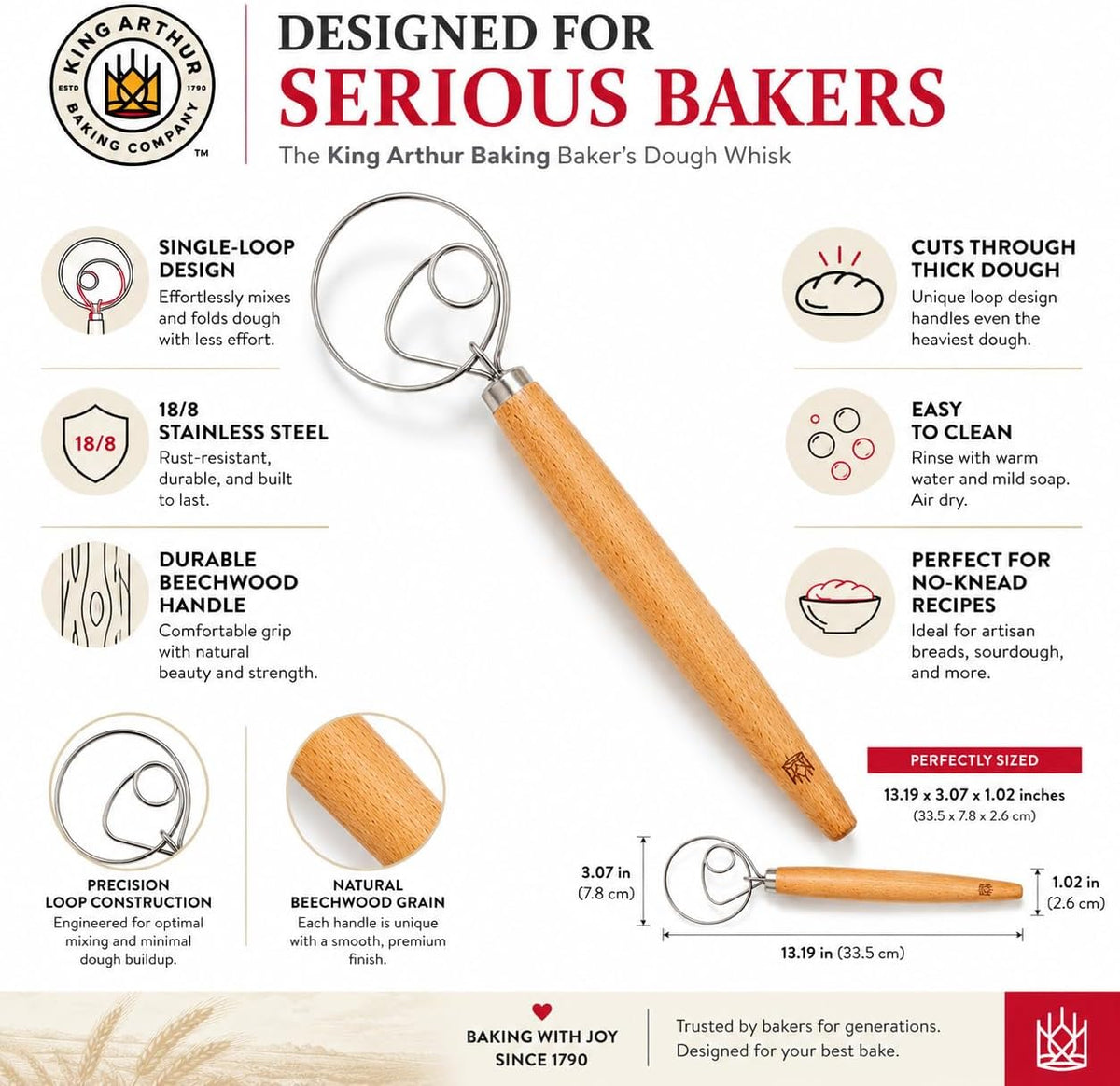 King Arthur Baking Company Baker’s Dough Whisk, Single-Loop, 18/8 Stainless Steel, For Mixing Bread, Sourdough, Pizza, And Cookie Dough