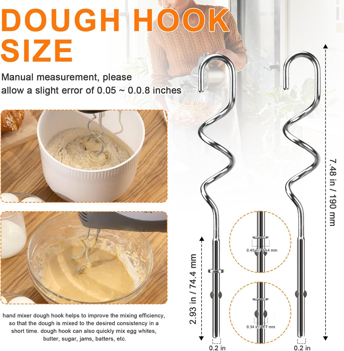 Hand Mixer Beaters Attachments for Kitchenaid Whisk, Beater, Dough Hook, Blending Rod, Stainless Steel Hand Mixers Blender Accessories for Kitchenaid KHM3 KHM5 KHM7 KHM9 KHM926 KHM512-6PCS