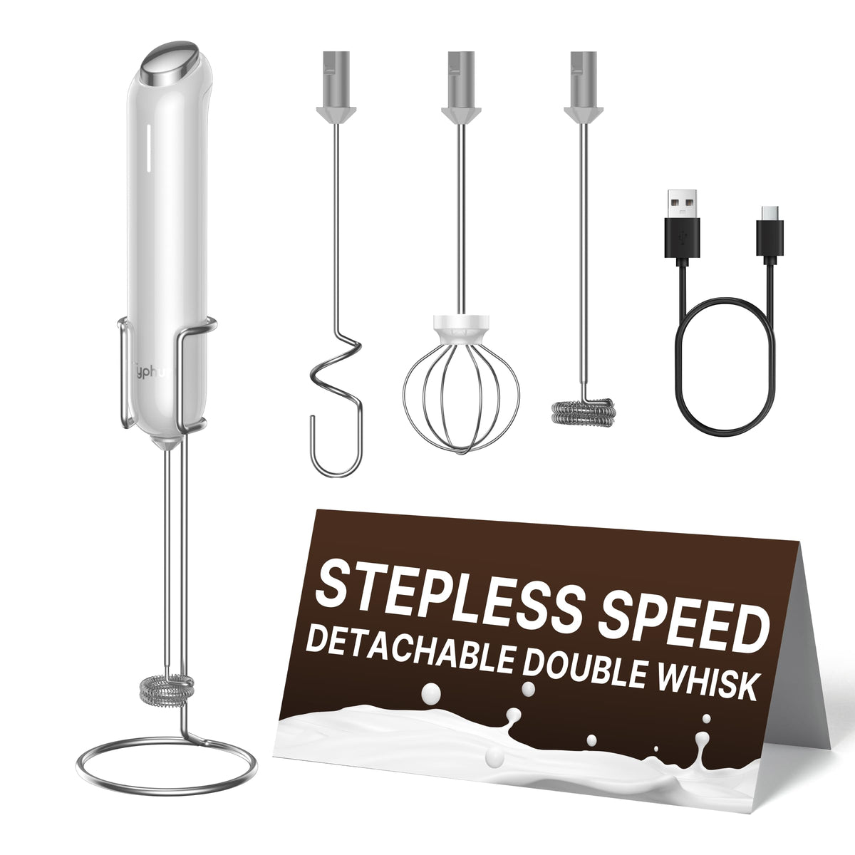InstaWhisk Milk Frother with Variable Speed, Rechargeable Coffee Frother Wand with Detachable Double Whisk, Drink Mixer Handheld Electric Stirrer for Latte, Cappuccino, Matcha, Almond Milk, Protein