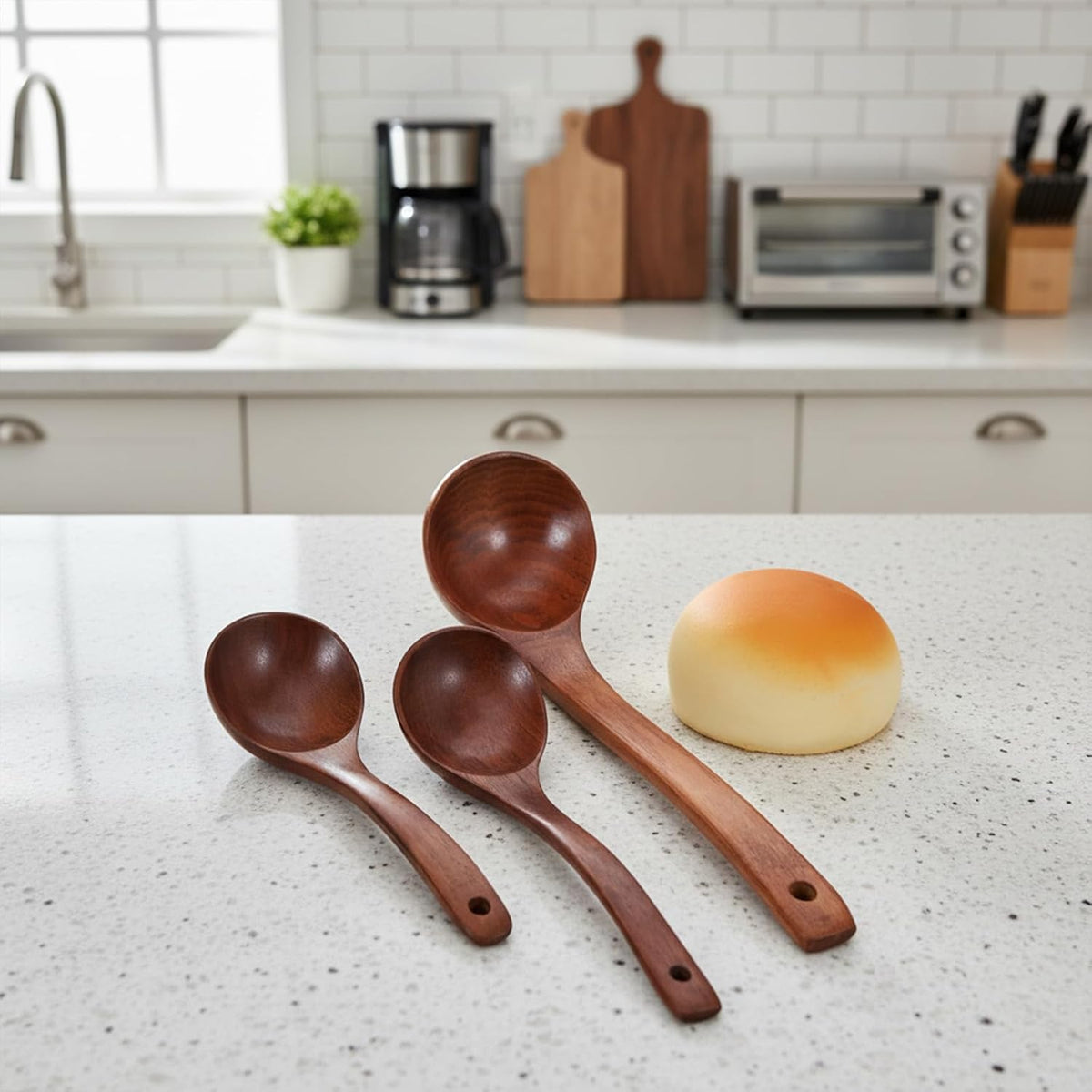 3 Size Wood Ladle Spoon with Back Hooks, Wooden Ladle for Soup