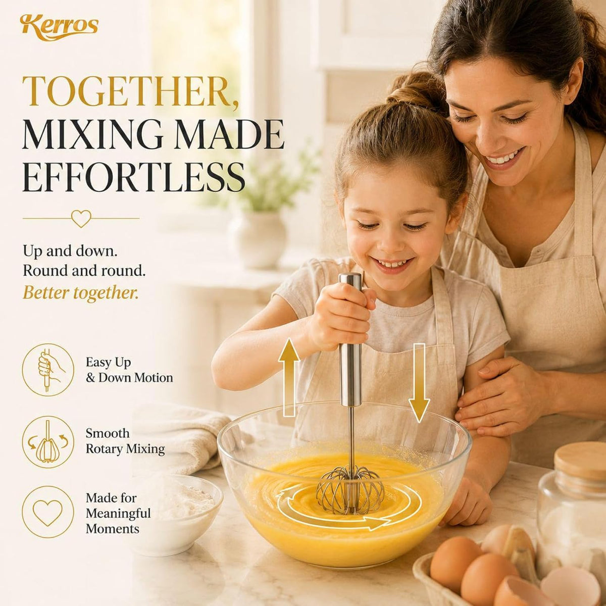 Kerros 3 Pack Semi Automatic Whisk Set, Stainless Steel Egg Beaters