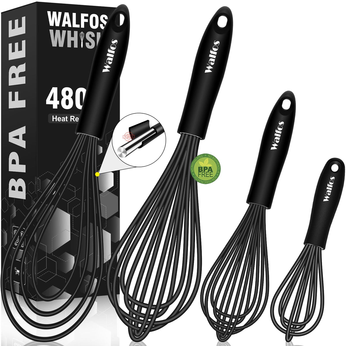 Walfos Silicone Whisk,Stainless Steel Wire Whisk Set of 3 -Heat Resistant 480°F Kitchen Whisks for Non-stick Cookware,Balloon Egg Beater Perfect for Blending,Whisking,Beating,Frothing & Stirring,Black