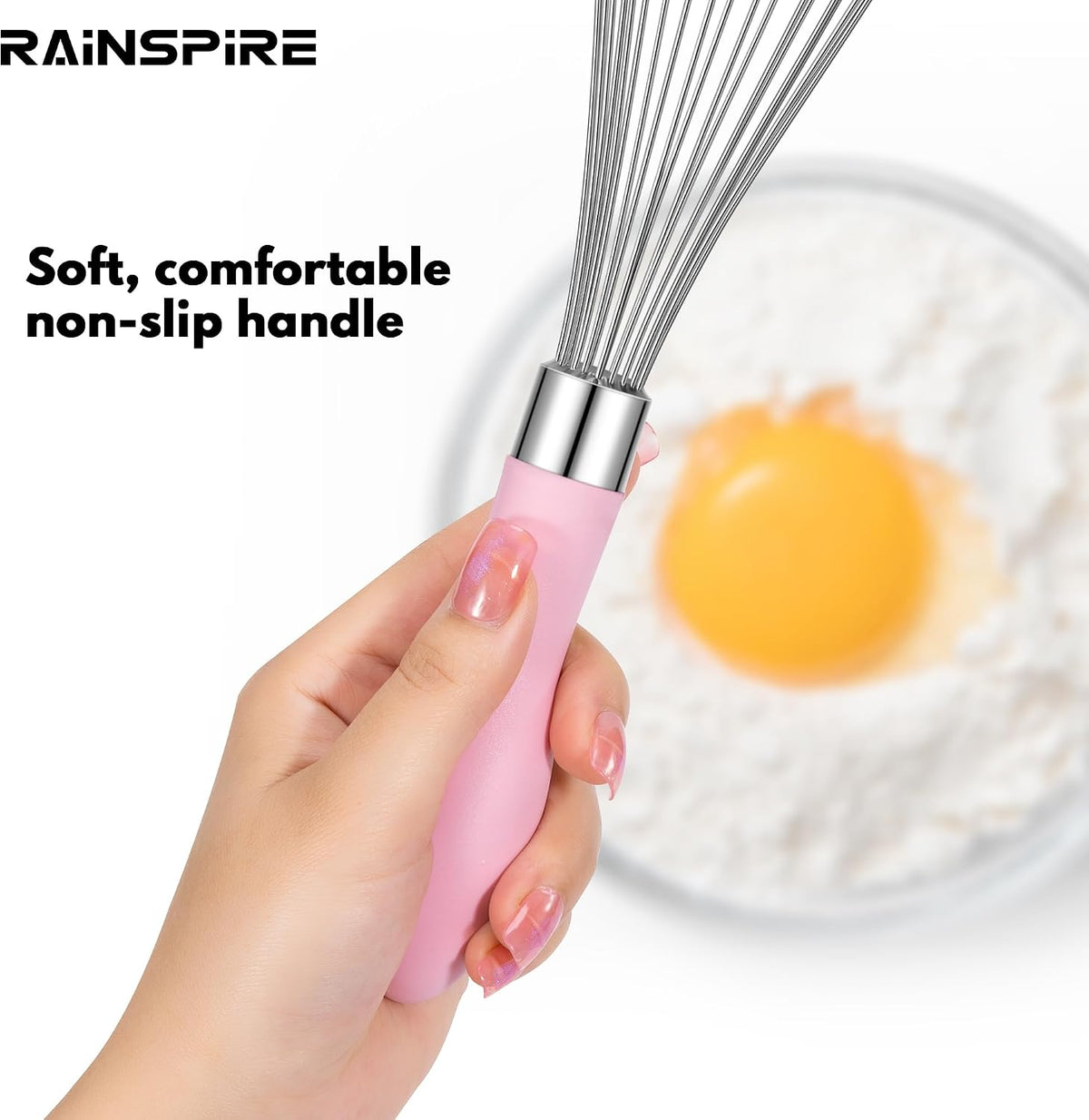Rainspire 9" 10" 12" Wire Whisk Stainless Steel, Balloon Whisks for Cooking, Wisk Wisking Tool With Soft Silicone Handle, Thick Durable Whisker for Blending, Beating, Whisking, Stirring, Pink