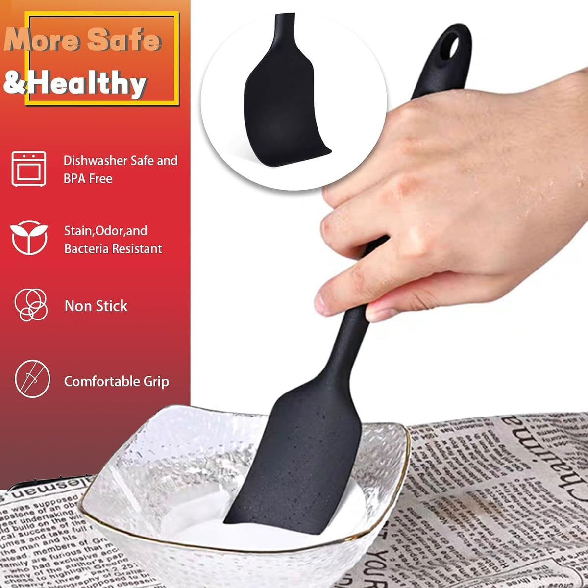 KAKAMINA Black Silicone Spatulas, 8 Pack 8.5 Inch, Sturdy Steel Core