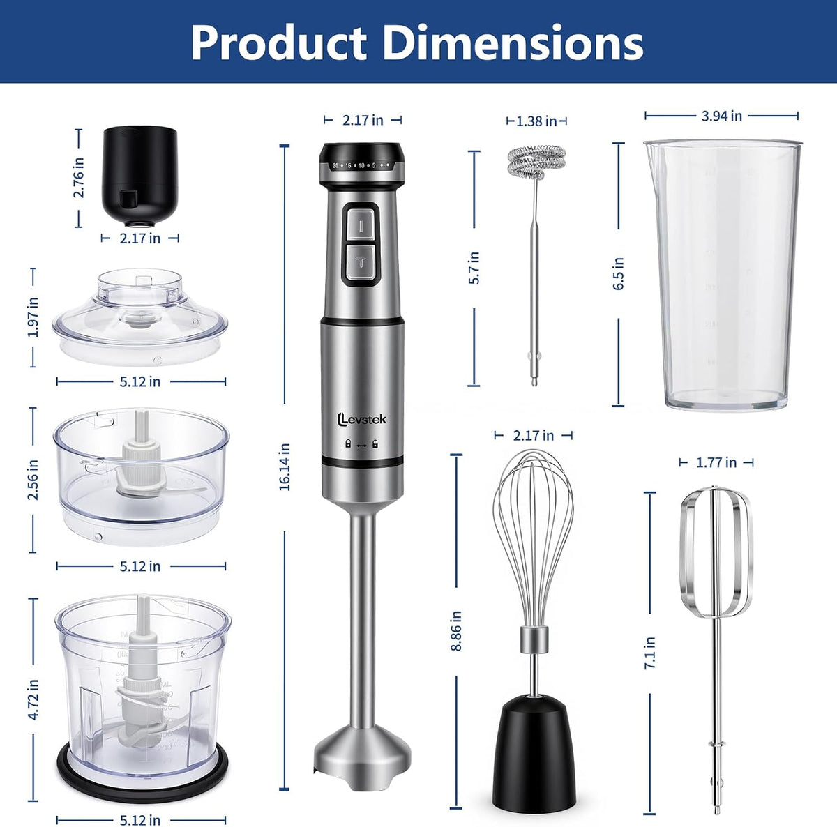 Immersion Hand Blender Set, 1200W 20-Speed Stainless Steel Stick Blender with 7 Accessories, 500ml & 200ml Chopper Cups, Milk Frother, Egg Beater, for Smoothies, Soups Kitchen Essential