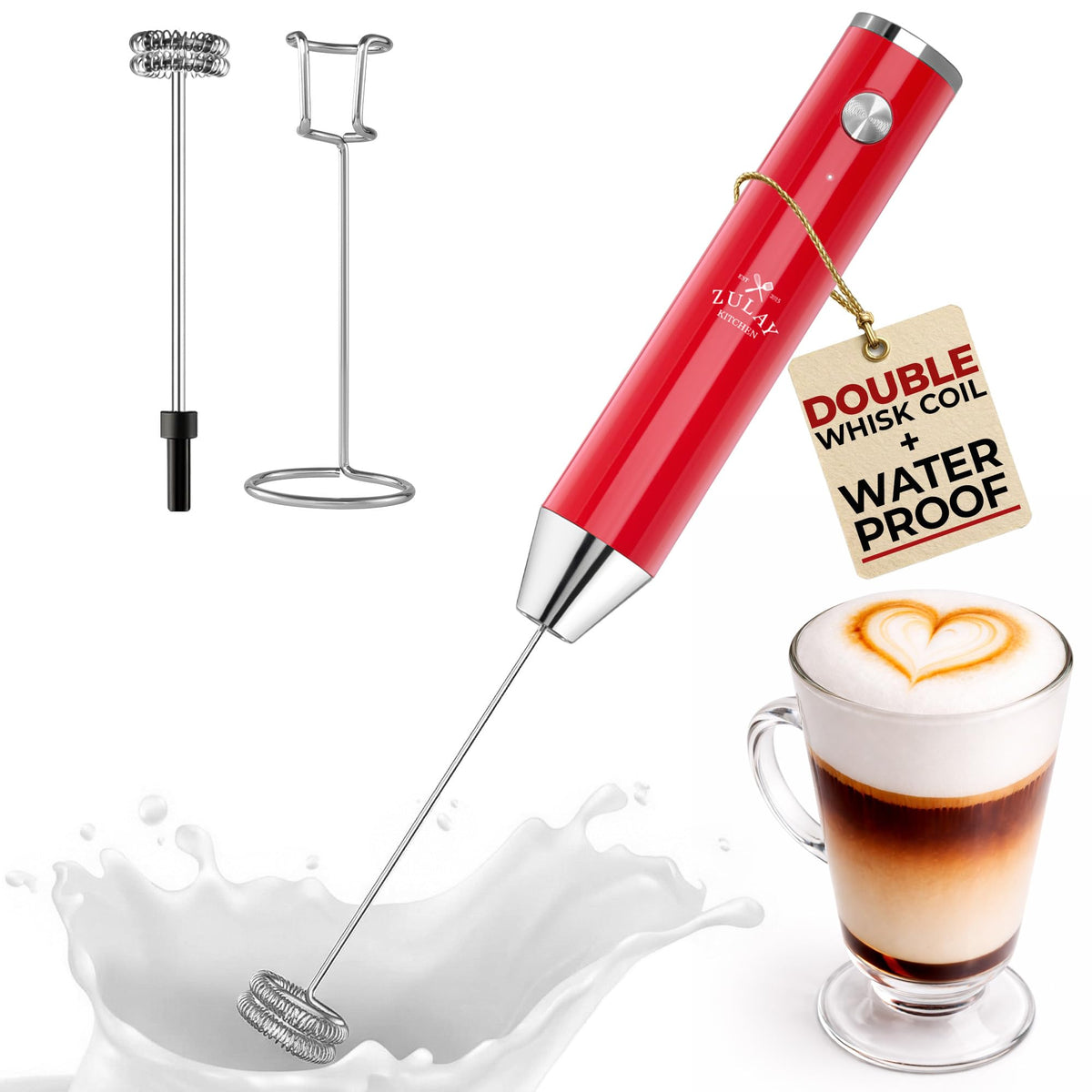 Zulay Kitchen Rechargeable Milk Frother Handheld - Frother Wand, Drink Mixer, Electric Whisk Frother, for Cappuccinos, Matcha & Protein Powder - Lux 4 Whisk 2 Speed Waterproof 2000mAh Alpha Black