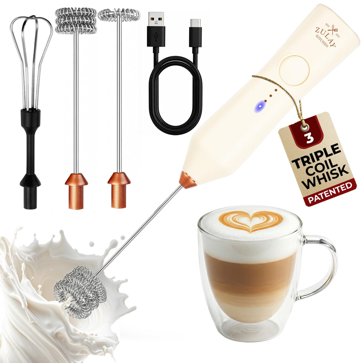 Zulay Kitchen Rechargeable Milk Frother Handheld - Frother Wand, Drink Mixer, Electric Whisk Frother, for Cappuccinos, Matcha & Protein Powder - Lux 4 Whisk 2 Speed Waterproof 2000mAh Alpha Black