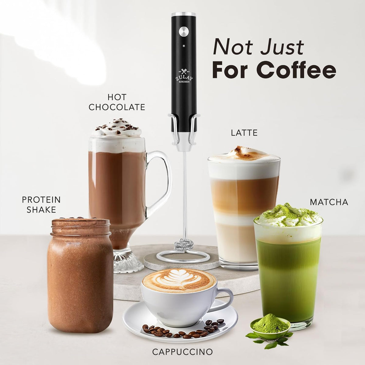 Zulay Kitchen Rechargeable Milk Frother Handheld - Frother Wand, Drink Mixer, Electric Whisk Frother, for Cappuccinos, Matcha & Protein Powder - Lux 4 Whisk 2 Speed Waterproof 2000mAh Alpha Black