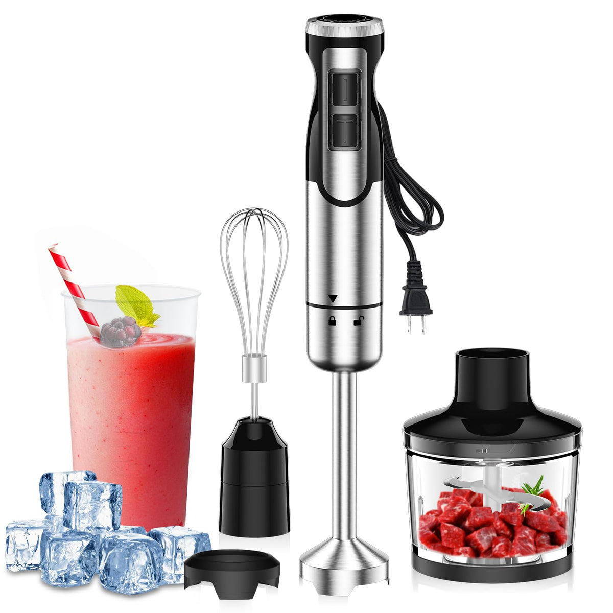 Colarlemo 1800W Immersion Blender Handheld 4-in-1 Hand Blender, Silver