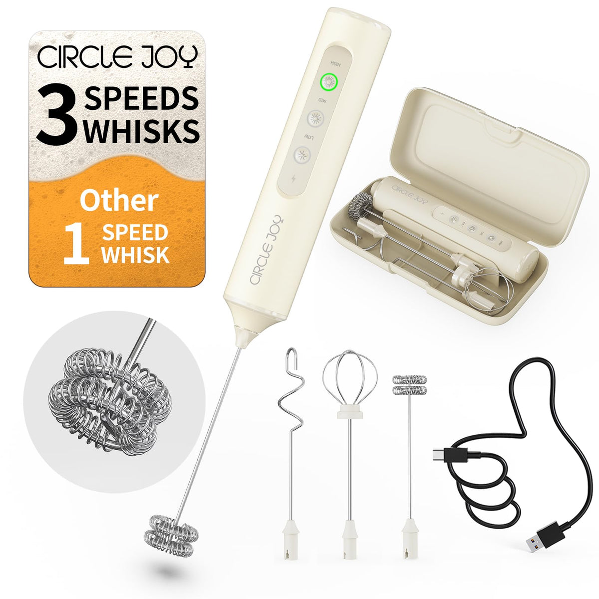 CIRCLE JOY Rechargeable Handheld Milk Frother Wand with 3 Variable Speeds, 3 Whisks and Storage Box, Electric Drink Mixer for Latte, Cappuccino, Hot Chocolate, Eggs and Protein Powder, Black