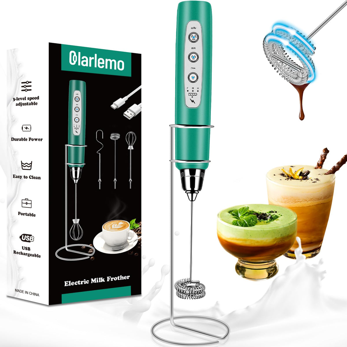 Colarlemo Milk Frother Handheld Rechargeable, Frother Wand Drink Mixer Electric Whisk for Coffee, Detachable With 3 Stainless Whisks, Hand Mixer for Lattes, Cappuccino, Matcha, Egg, No Stand,Black