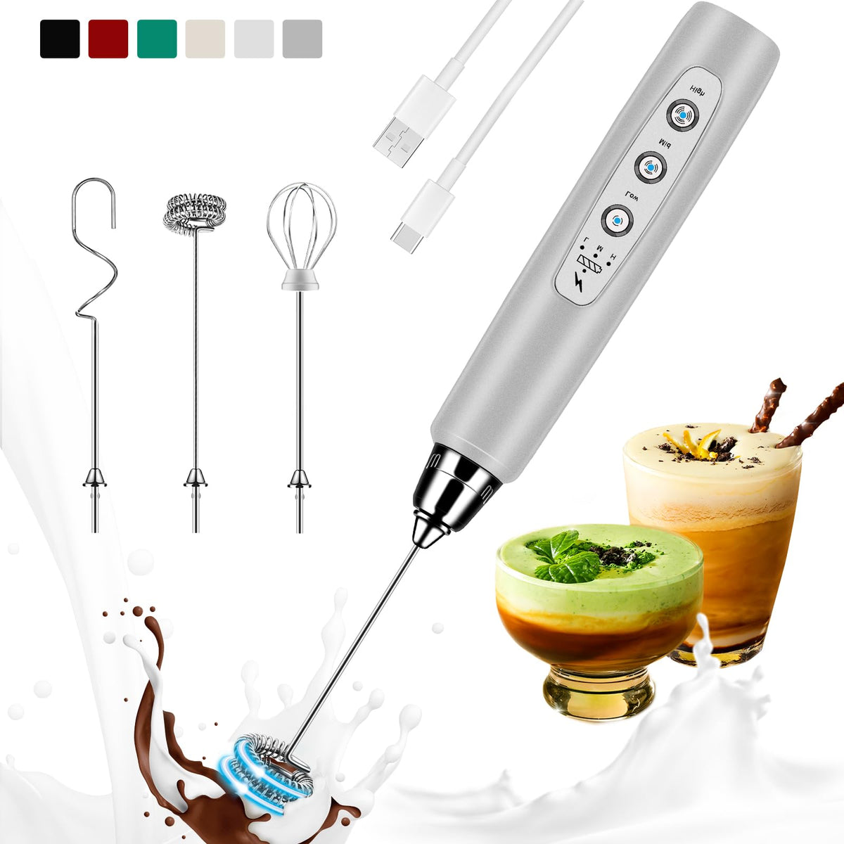 Colarlemo Milk Frother Handheld Rechargeable, Frother Wand Drink Mixer Electric Whisk for Coffee, Detachable With 3 Stainless Whisks, Hand Mixer for Lattes, Cappuccino, Matcha, Egg, No Stand,Black