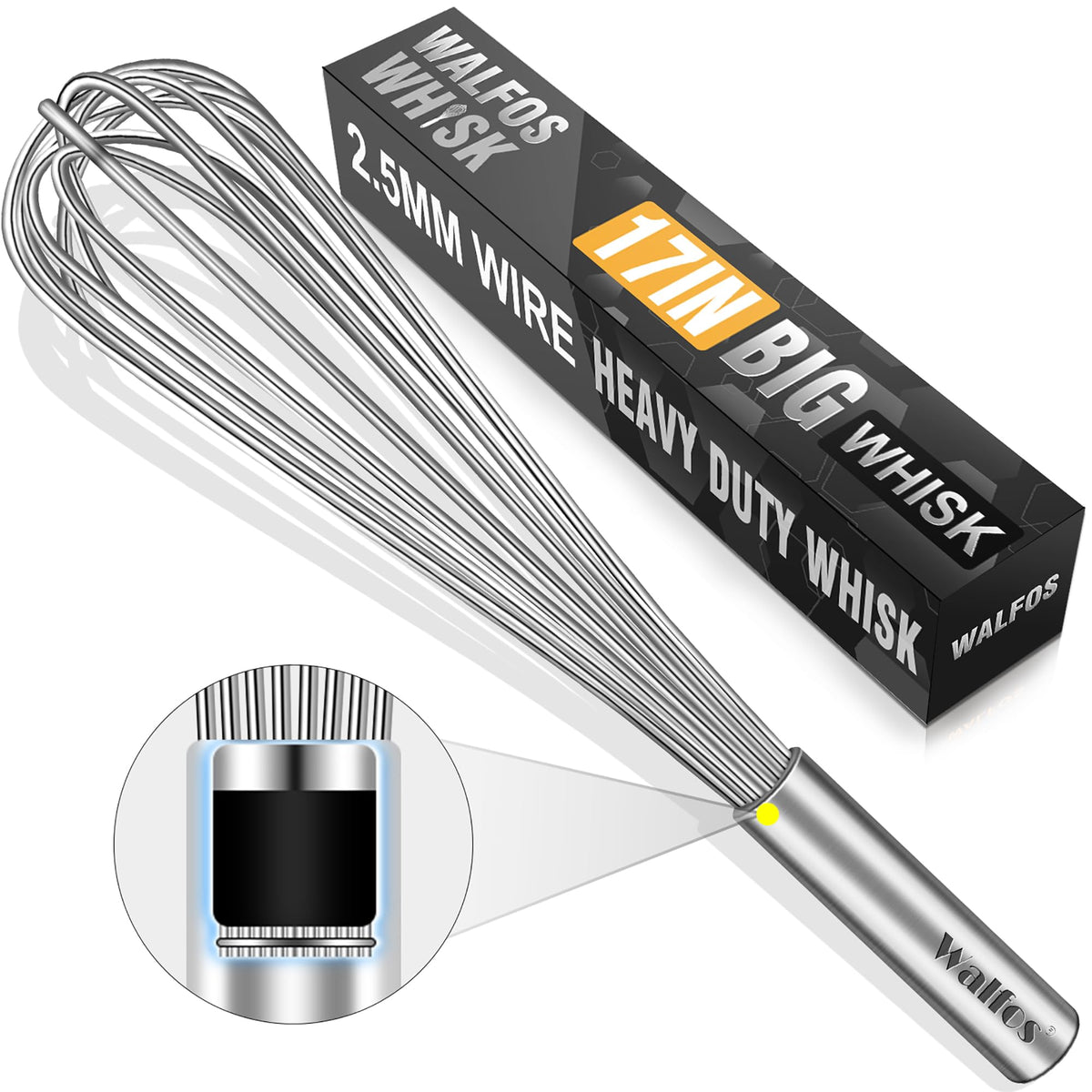 Walfos Whisk,304 Stainless Steel whisk,No-Rust 7+9+11inch Whisks for cooking Nice for Blending,Whisking,Beating.Heat resistant 600°F Dishwasher Safe. Heavy duty kitchen whisk.SILVER