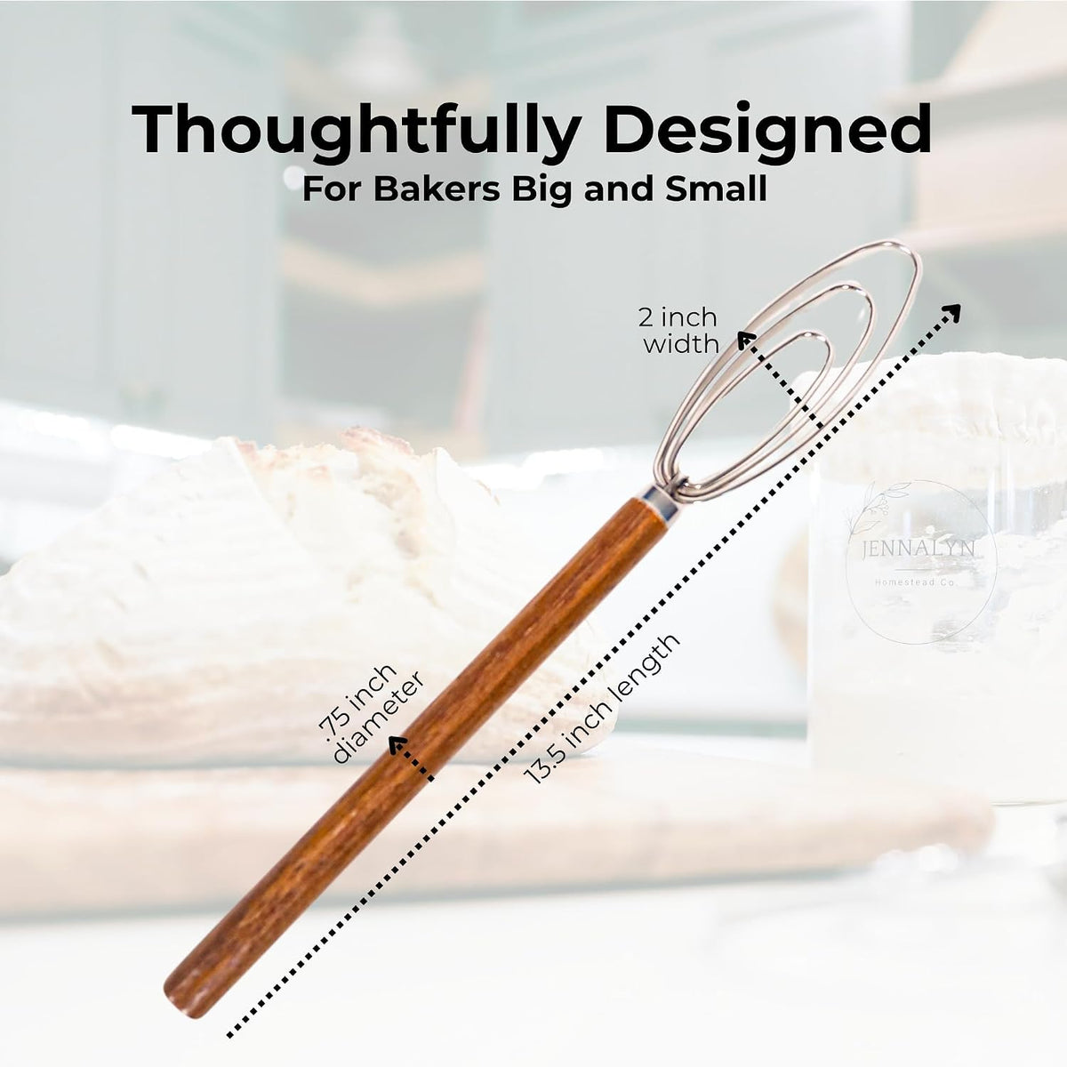 Sourdough Starter Jar Whisk - Easily Mix Thick Starter Dough; Rounded Edges and Tip Scrapes Side and Bottom of Jar Clean; Essential Sourdough Whisking Tool; Teak Wood and Stainless Steel Hand Whisk