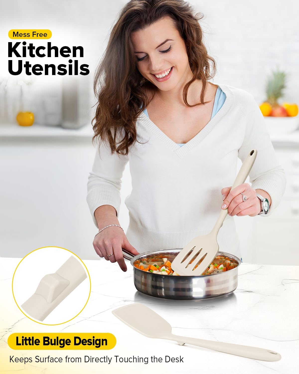 BUNDLEPRO Silicone Spatula, Solid & Slotted Turner, One-Piece, 2 Pack,Khaki