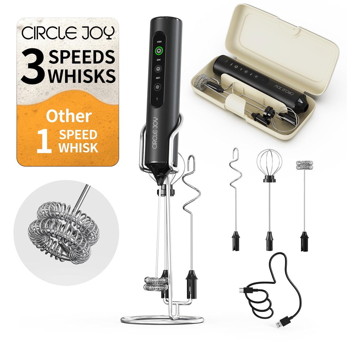 CIRCLE JOY Rechargeable Handheld Milk Frother Wand with 3 Variable Speeds, 3 Whisks and Storage Box, Electric Drink Mixer for Latte, Cappuccino, Hot Chocolate, Eggs and Protein Powder, Black
