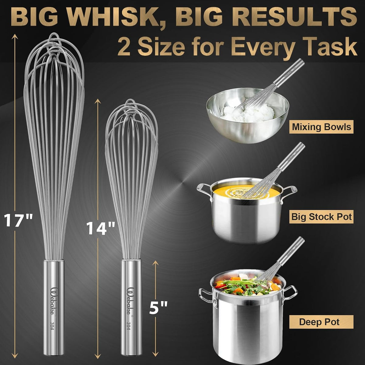 Webake 17 Inch & 14 Inch Commercial Whisk Set of 2, 304 Stainless Steel Large Whisk, Extra-Thick 2.5mm Wires, Professional Kitchen Tool for Mixing, Beating, Blending