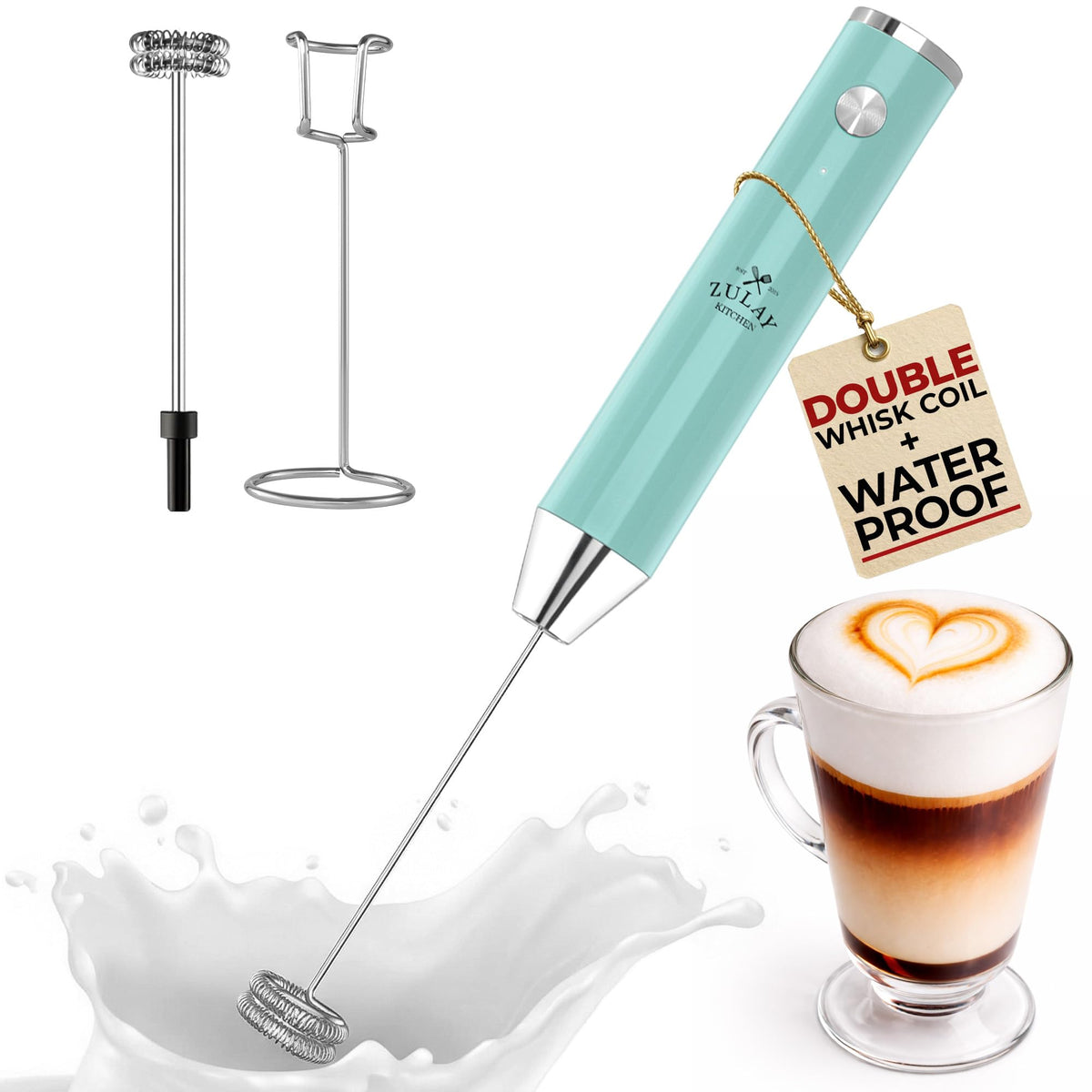 Zulay Kitchen Rechargeable Milk Frother Handheld - Frother Wand, Drink Mixer, Electric Whisk Frother, for Cappuccinos, Matcha & Protein Powder - Lux 4 Whisk 2 Speed Waterproof 2000mAh Alpha Black