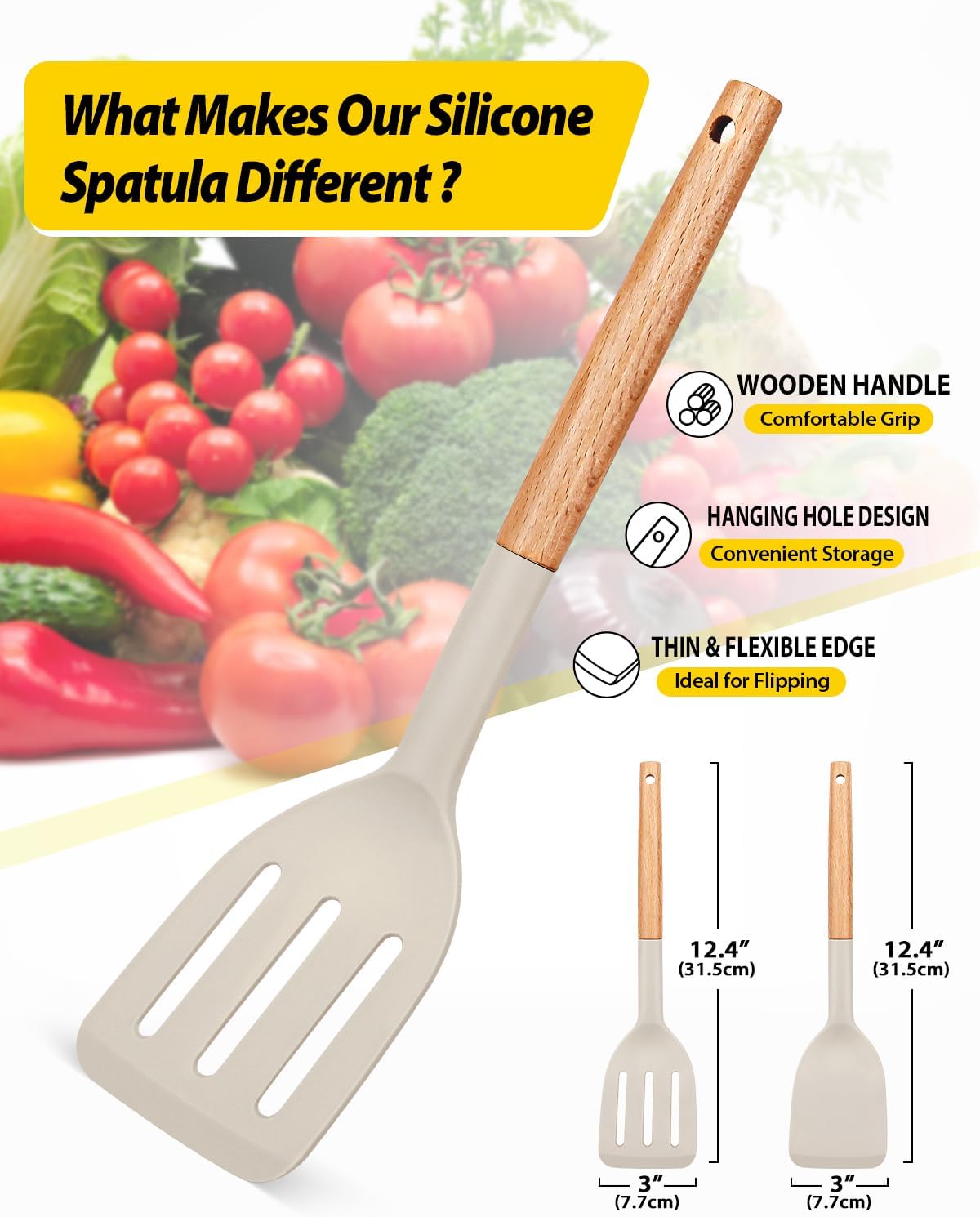 BUNDLEPRO Silicone Spatula, Solid & Slotted Turner, BPA-Free, 2 Pack, Khaki