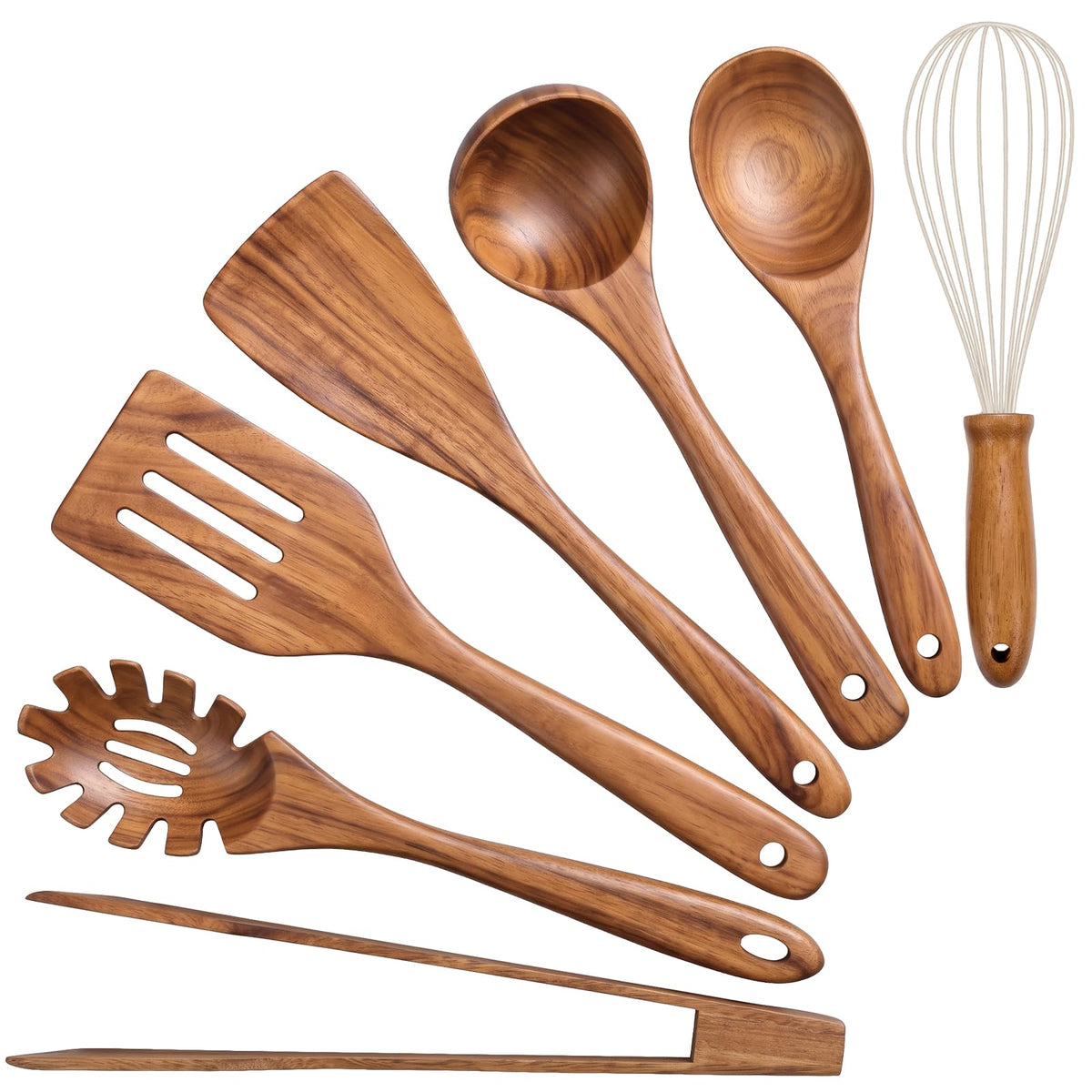AIUHI 10Pcs Wooden Kitchen Utensils, Teak Wood Utensil Set for Kitchen, Heat-resistant Wooden Spoons for Cooking, Nonstick Wood Spatula Soup Ladle Tong Egg Whisk