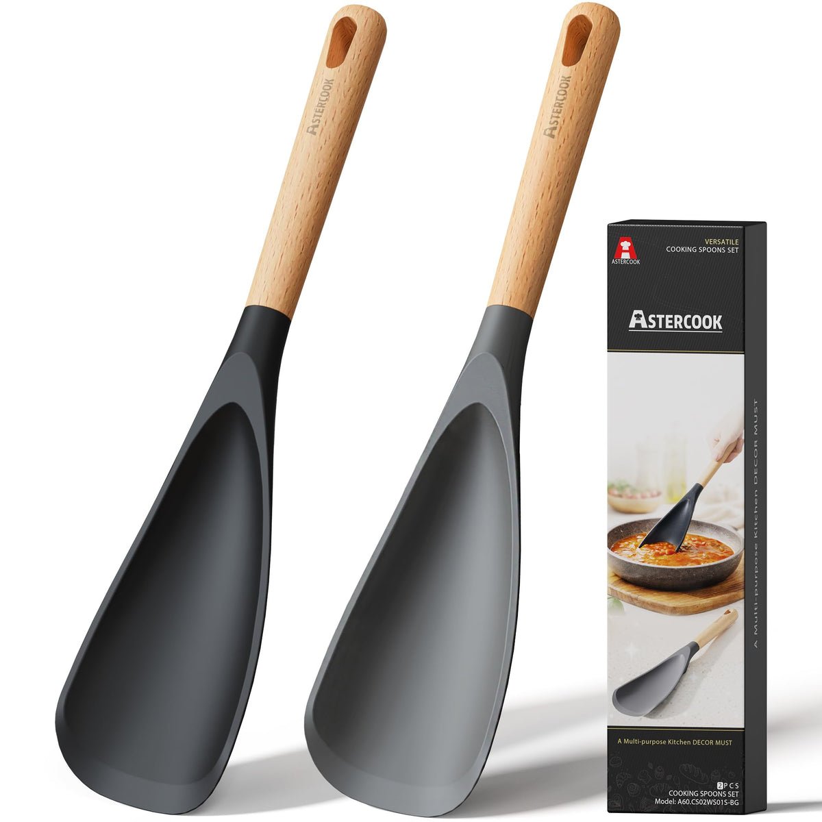 Astercook Cooking Spoon, 2 Pack, Nonstick Safe Silicone Spoonula Spatula