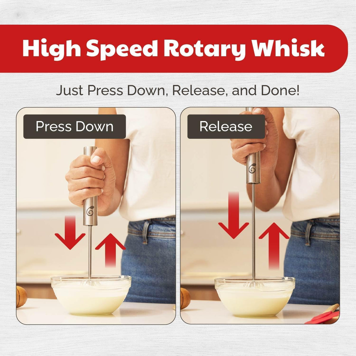 Stainless Steel Push-Down Rotary Egg Beater Hand Whisk 2 Pack 12 & 14 Inch