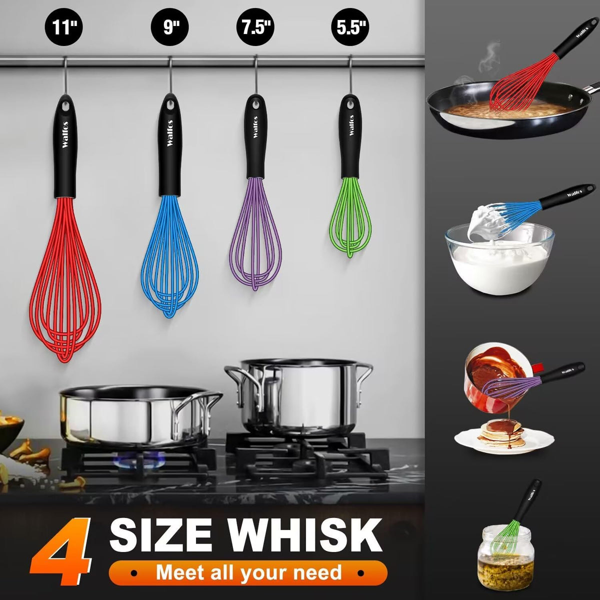 Walfos Whisk, Silicone Whisk Heat Resistant (480°F) Kitchen Whisks Set of 4- Professional Whisks For Cooking Non Scratch, Balloon Egg Whisk Perfect for Frothing, Blending, Beating