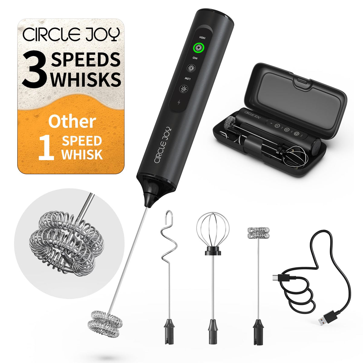 CIRCLE JOY Rechargeable Handheld Milk Frother Wand with 3 Variable Speeds, 3 Whisks and Storage Box, Electric Drink Mixer for Latte, Cappuccino, Hot Chocolate, Eggs and Protein Powder, Black