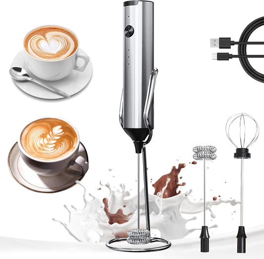 YARRAMATE Rechargeable Milk Frother, 3-Speed Electric Whisk, 2 Heads