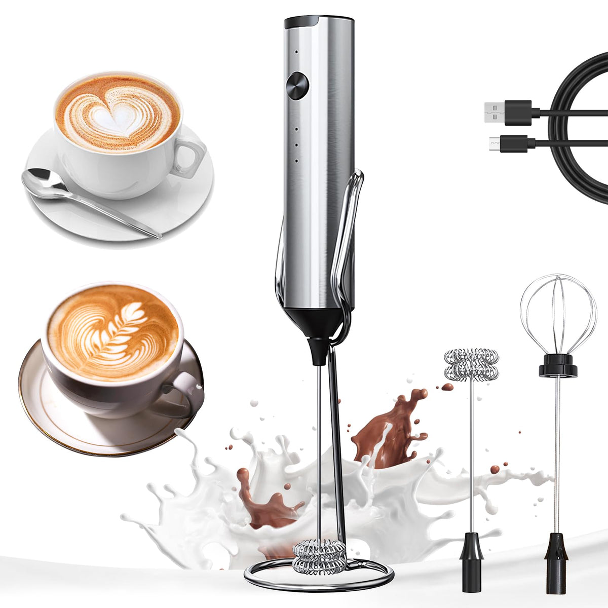 YARRAMATE Rechargeable Milk Frother, 3-Speed Electric Whisk, 2 Heads