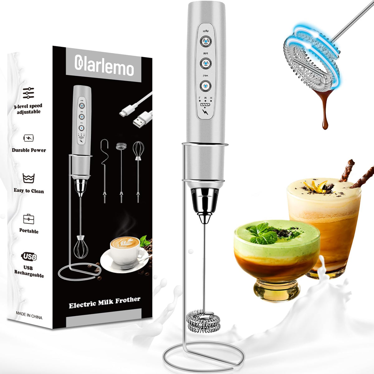 Colarlemo Milk Frother Handheld Rechargeable, Frother Wand Drink Mixer Electric Whisk for Coffee, Detachable With 3 Stainless Whisks, Hand Mixer for Lattes, Cappuccino, Matcha, Egg, No Stand,Black