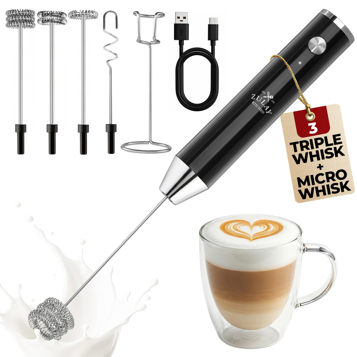 Zulay Kitchen Rechargeable Milk Frother Handheld - Frother Wand, Drink Mixer, Electric Whisk Frother, for Cappuccinos, Matcha & Protein Powder - Lux 4 Whisk 2 Speed Waterproof 2000mAh Alpha Black