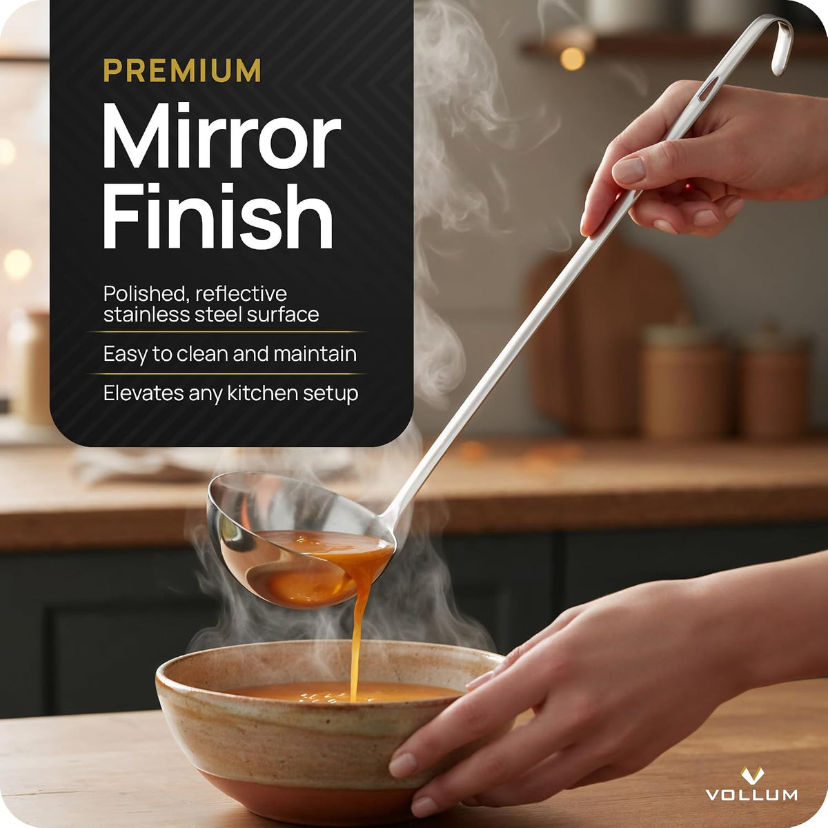 Vollum 1-Piece Stainless Steel Ladle - Heavy Duty Commercial Thick Stainless Steel - 4 Ounce (3.1" Bowl Diameter, 12.25" Handle Length)