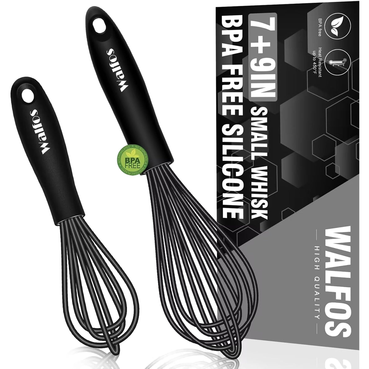 Walfos Whisk, Silicone Whisk Heat Resistant (480°F) Kitchen Whisks Set of 4- Professional Whisks For Cooking Non Scratch, Balloon Egg Whisk Perfect for Frothing, Blending, Beating